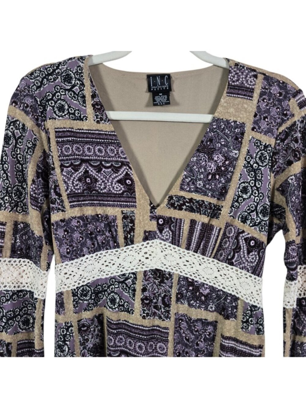 VTG INC Petite Womens Y2K Purple Tan Boho Cottage Crochet Trim Babydoll Top M - Picture 3 of 13